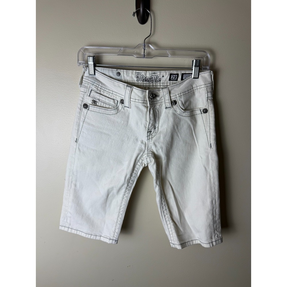 Miss Me Boyfriend Thick Stitching Jean Shorts Womens 28 White JP4369BMW